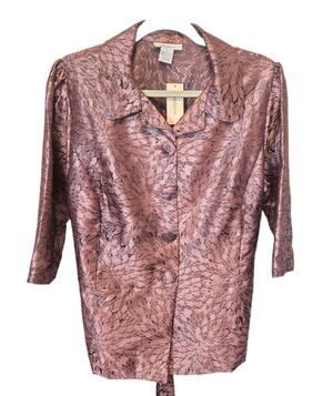 Dressbarn Metallic Jacquard Elegant Blouse Jacket Mauve Purple Pink Floral, Sz L